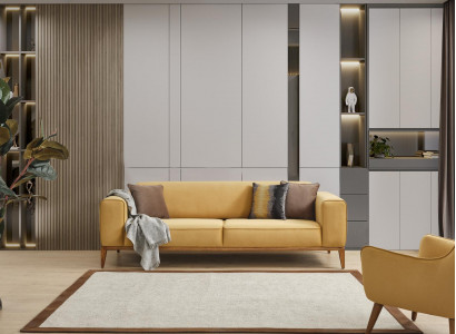 Three-seater sofa, 3-seater sofas, yellow fabric, luxury modern living room seating.